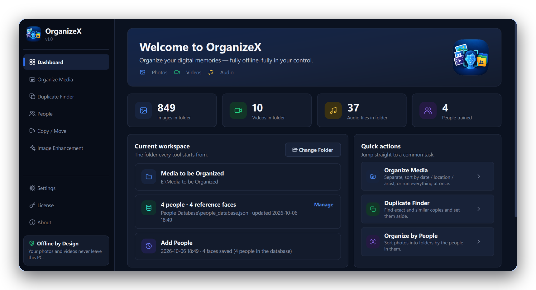 OrganizeX dashboard showing photo, video and audio counts, the people database and quick actions